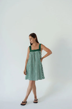 JUNE LACE NECK MINI DRESS | EMERALD STRIPE