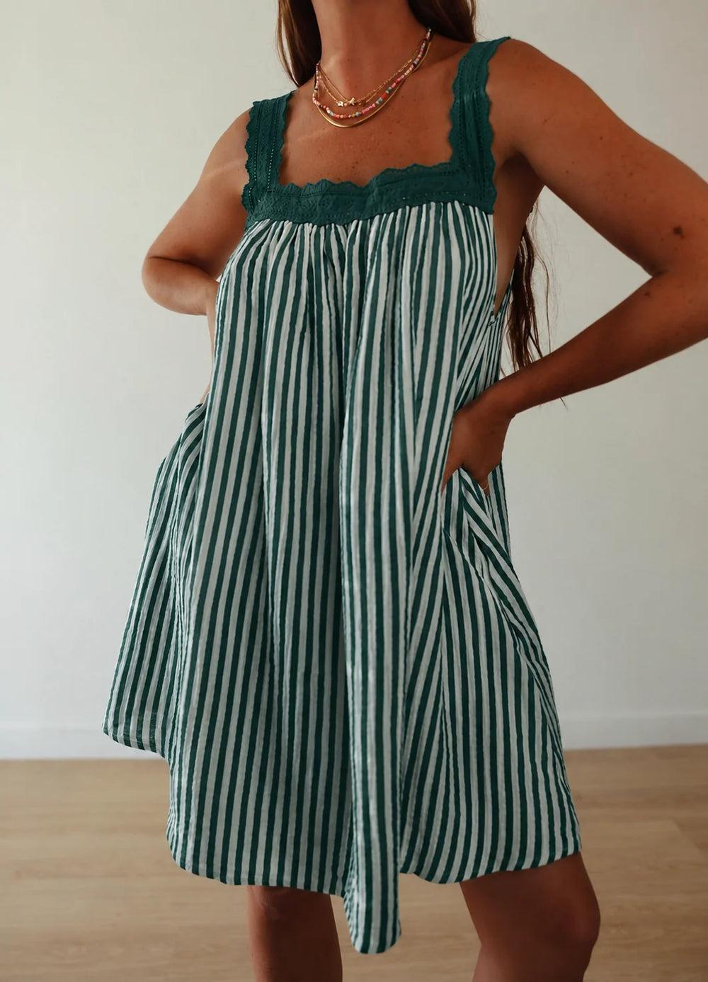 JUNE LACE NECK MINI DRESS | EMERALD STRIPE