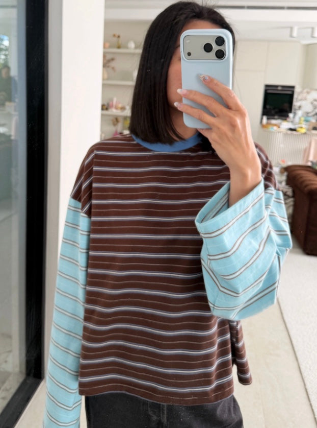KENNEDY STRIPE LONG SLEEVE TEE | COCOA/ BLUE STRIPE