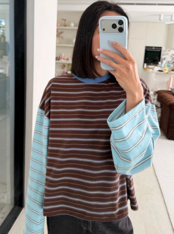 KENNEDY STRIPE LONG SLEEVE TEE | COCOA/ BLUE STRIPE
