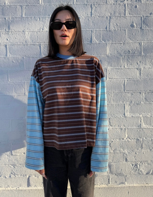 KENNEDY STRIPE LONG SLEEVE TEE | COCOA/ BLUE STRIPE