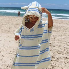 KIDS HOODED TOWEL SAMMY THE SEAGULL I BLUE STRIPE