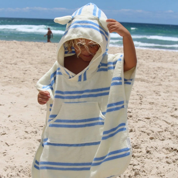 KIDS HOODED TOWEL SAMMY THE SEAGULL I BLUE STRIPE