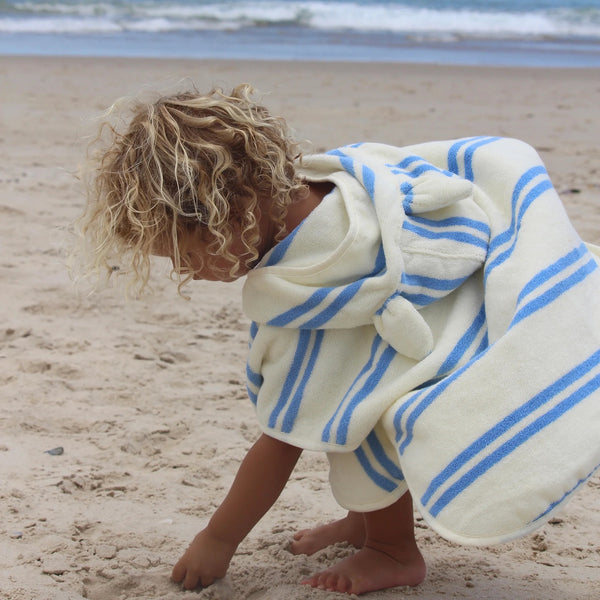 KIDS HOODED TOWEL SAMMY THE SEAGULL I BLUE STRIPE
